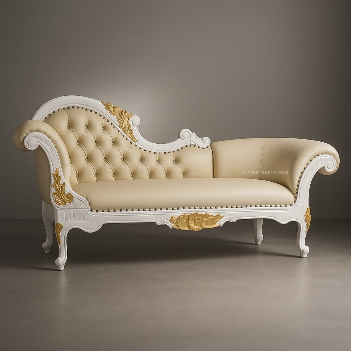 Decorative sofa with gold accents on a gray background
