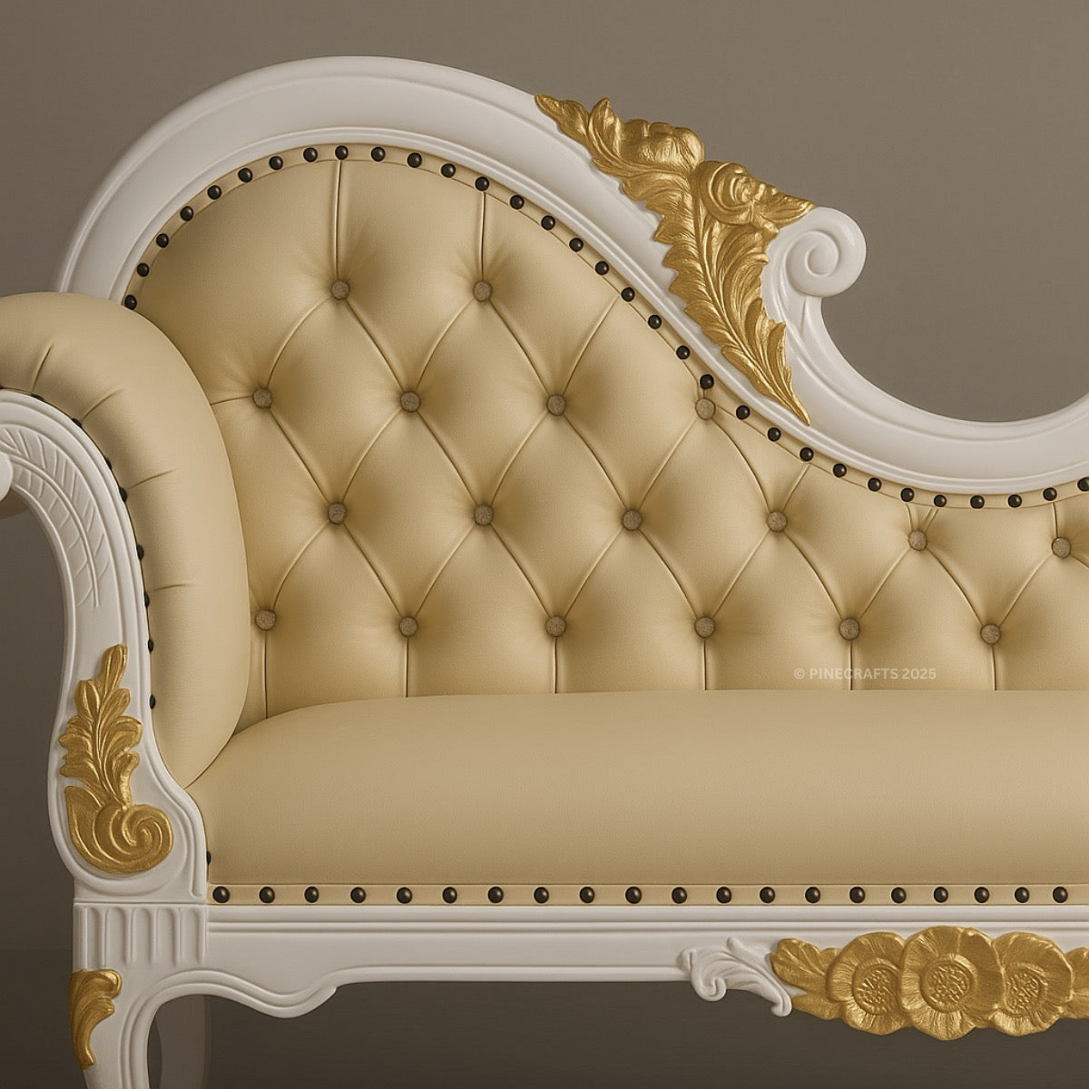 Luxurious beige and gold sofa with intricate designs on a dark background