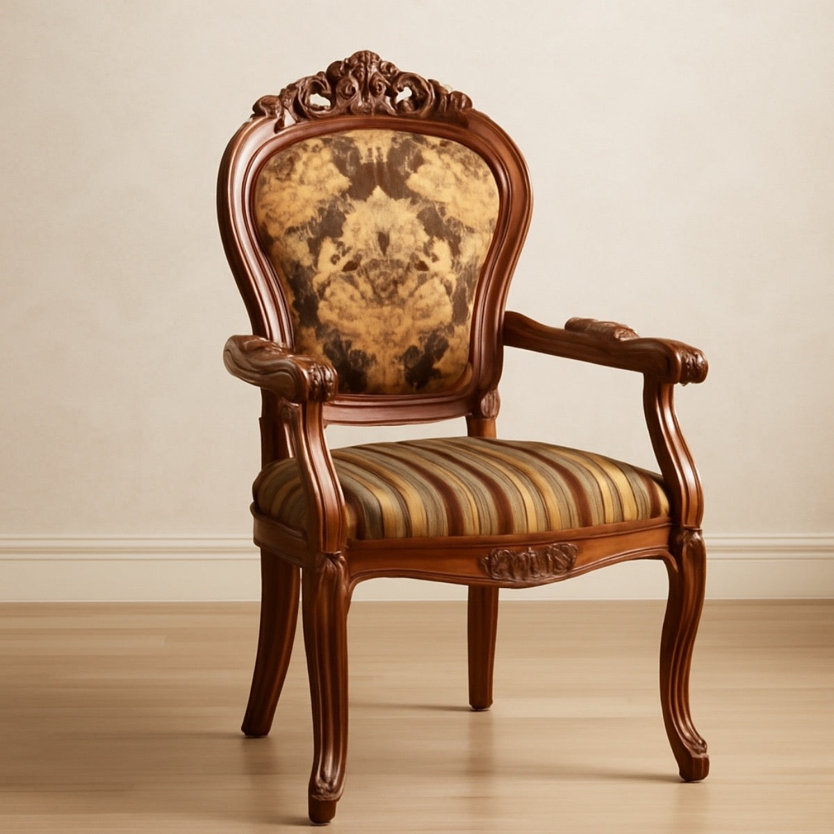 Decorative wooden chair with intricate carvings on a beige background