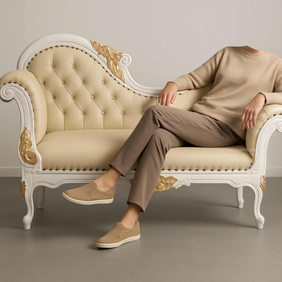 Person sitting on an ornate chair wearing a beige outfit and shoes.