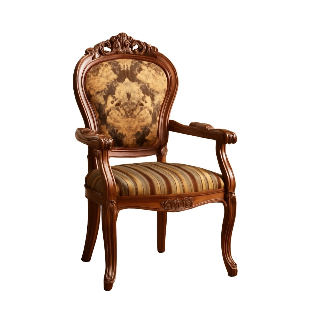 Decorative armchair with intricate woodwork and striped upholstery on a white background