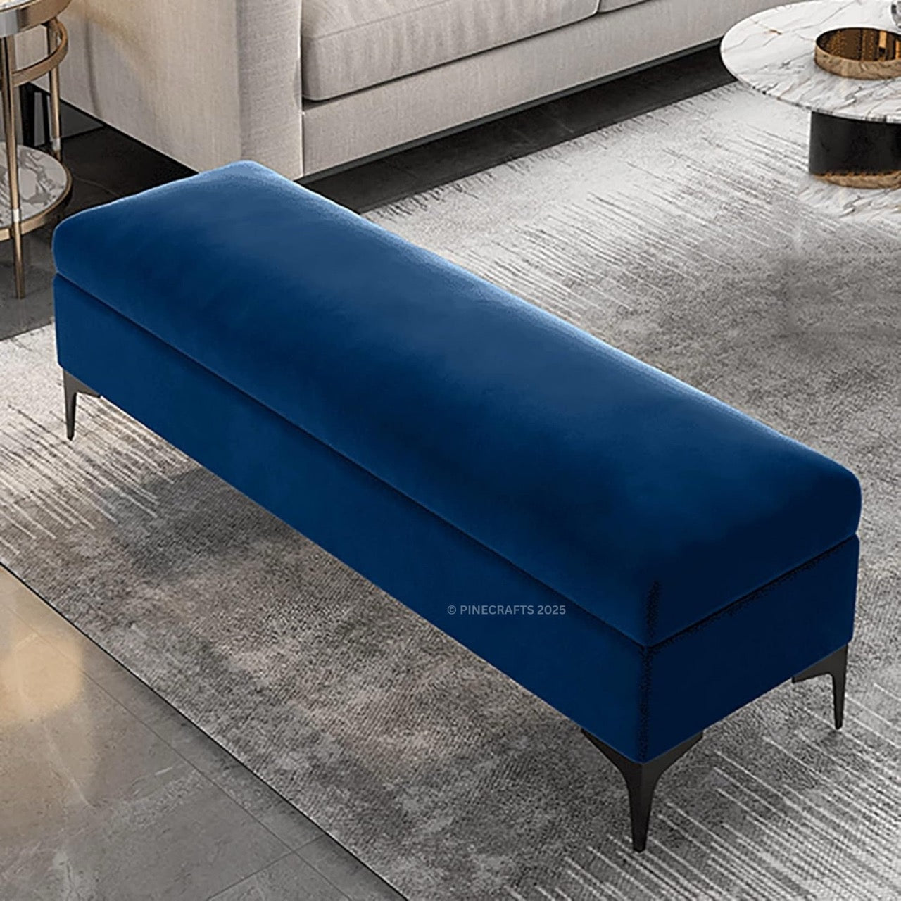 Blue bench in a modern living room setting