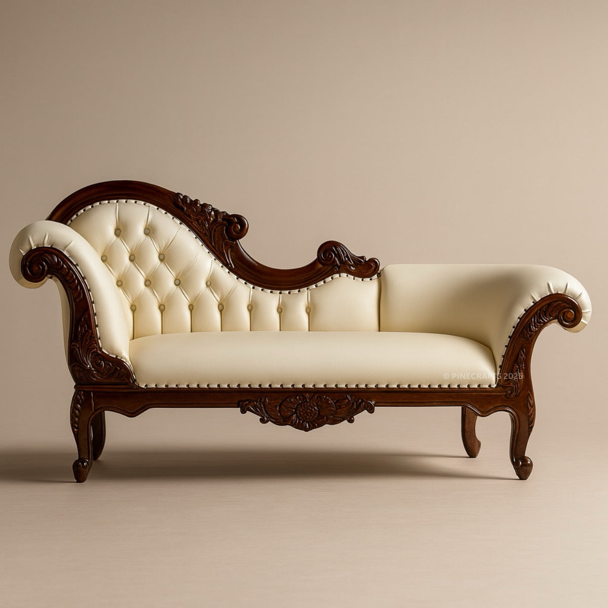 Vintage-style chaise lounge with wooden frame and tufted cream cushion on a beige background