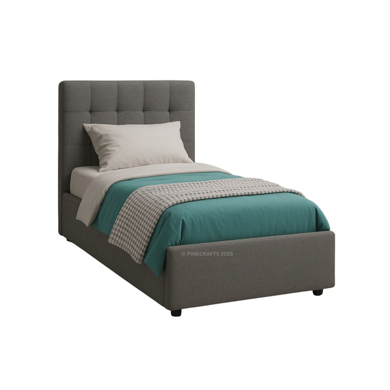 Gray upholstered bed with teal bedding on a white background