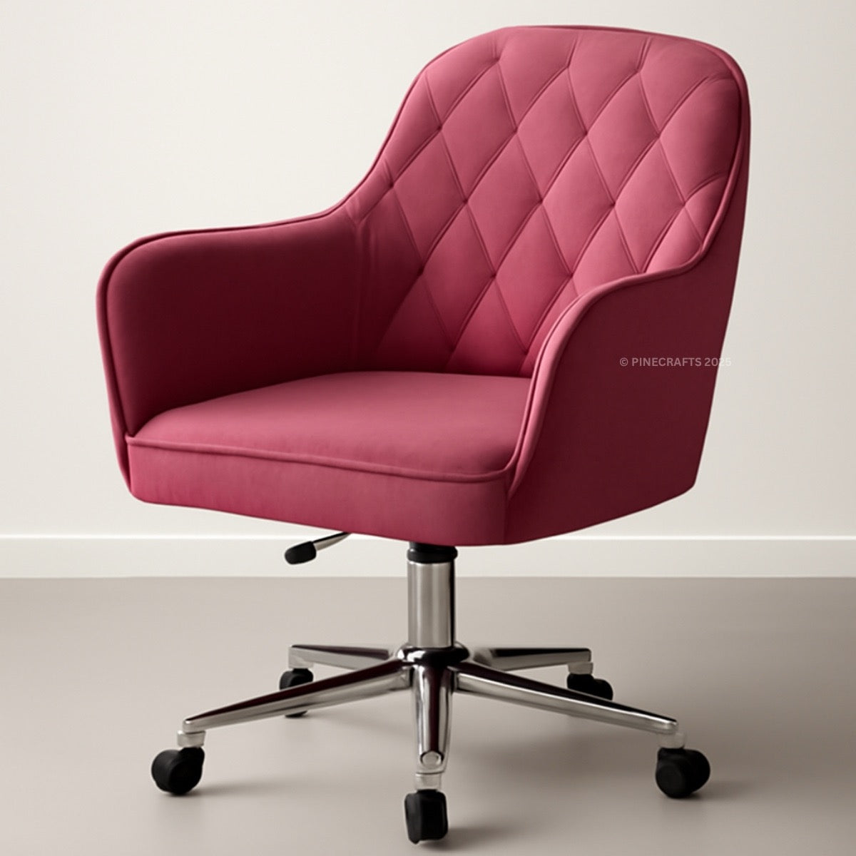 Pink office chair with quilted design on a light background