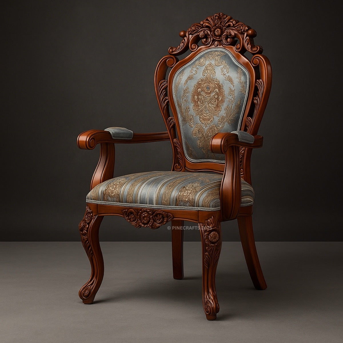 Decorative wooden chair with intricate carvings on a dark background