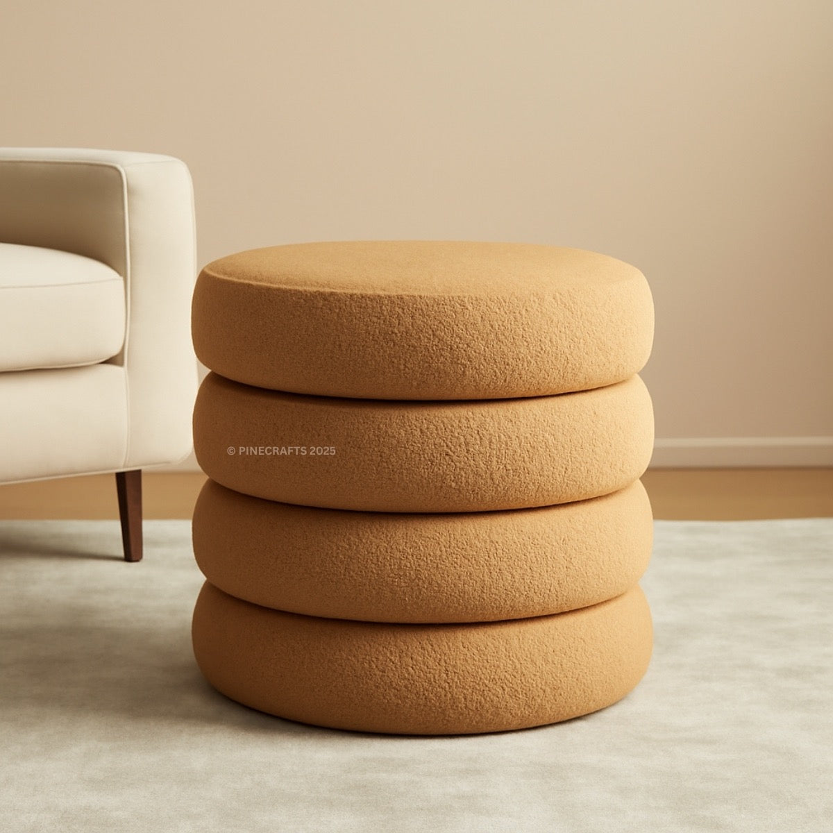 Stack of brown textured ottomans in a room with a beige sofa.