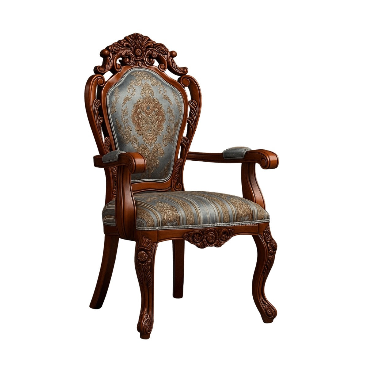 Decorative armchair with intricate woodwork and patterned fabric on a white background