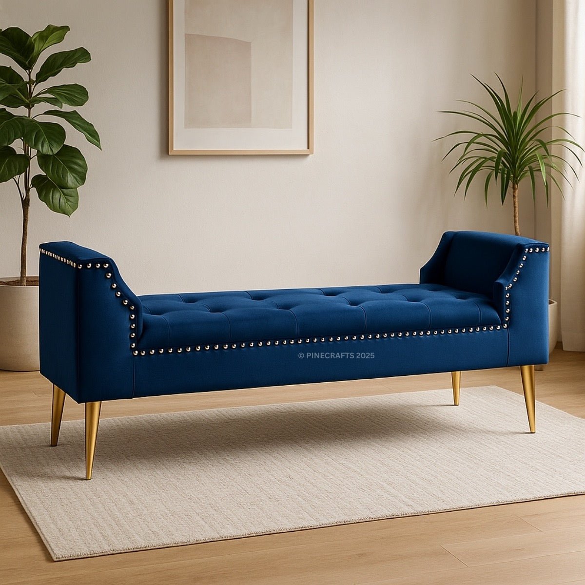 Blue tufted bench with gold legs in a room with plants and a framed picture.