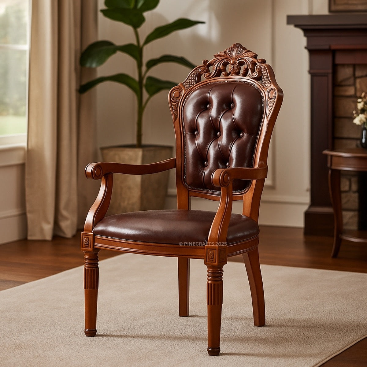 Brown leather and wood chair in a room with a plant and fireplace.