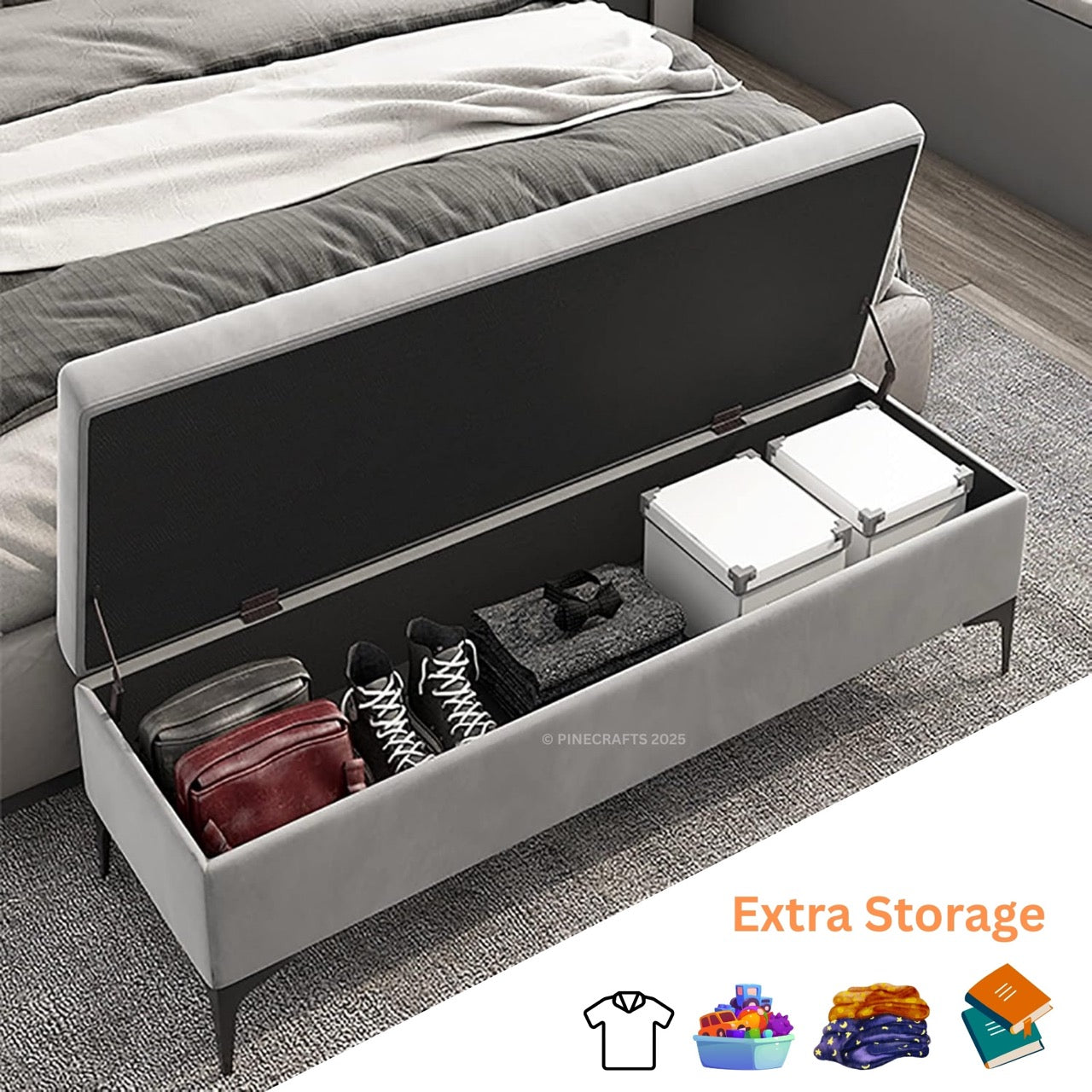 Gray storage bench under a bed with shoes and clothes, labeled 'Extra Storage'.