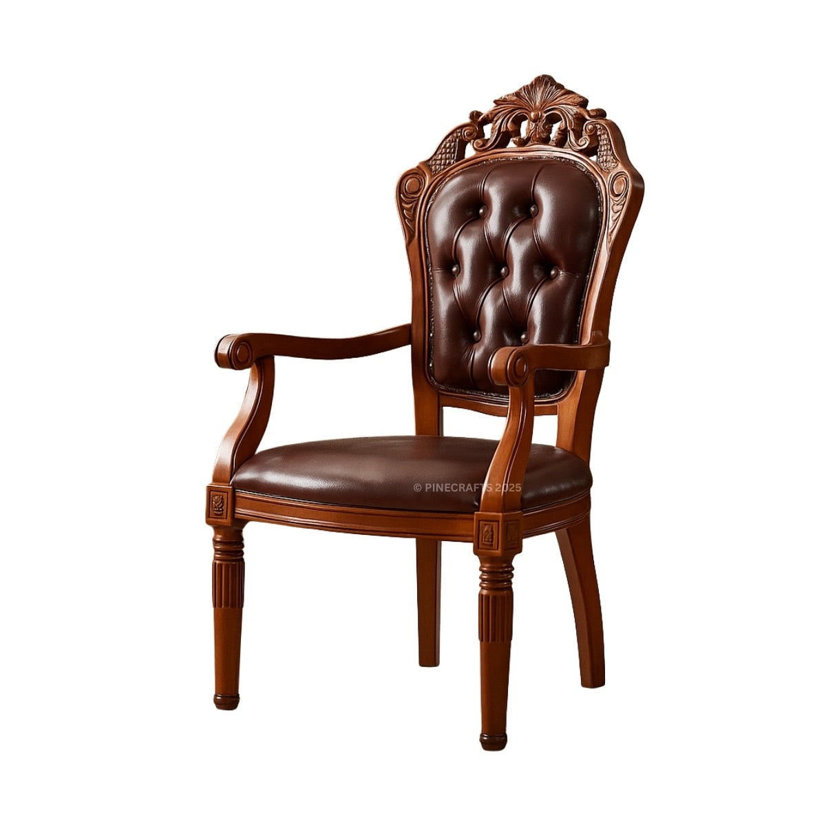 Decorative brown armchair with intricate carvings on a white background