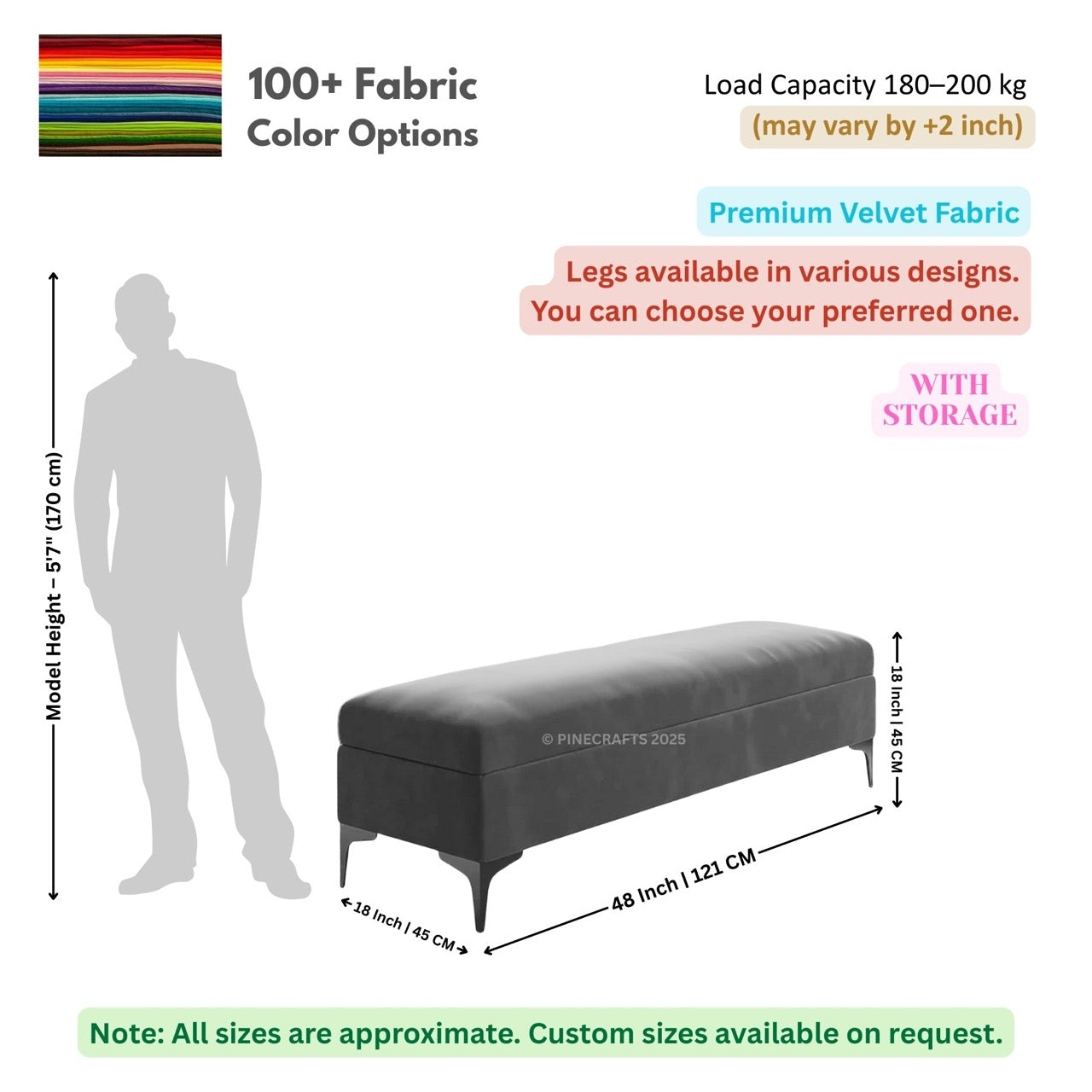 Gray storage bench with dimensions and fabric color options displayed.
