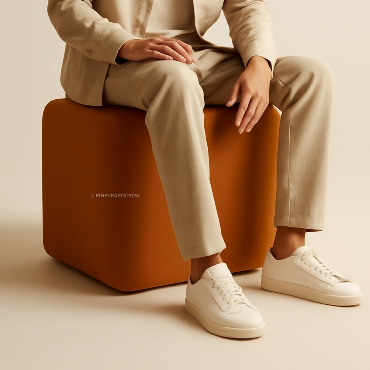 Person wearing a beige suit and white sneakers sitting on an orange cube.
