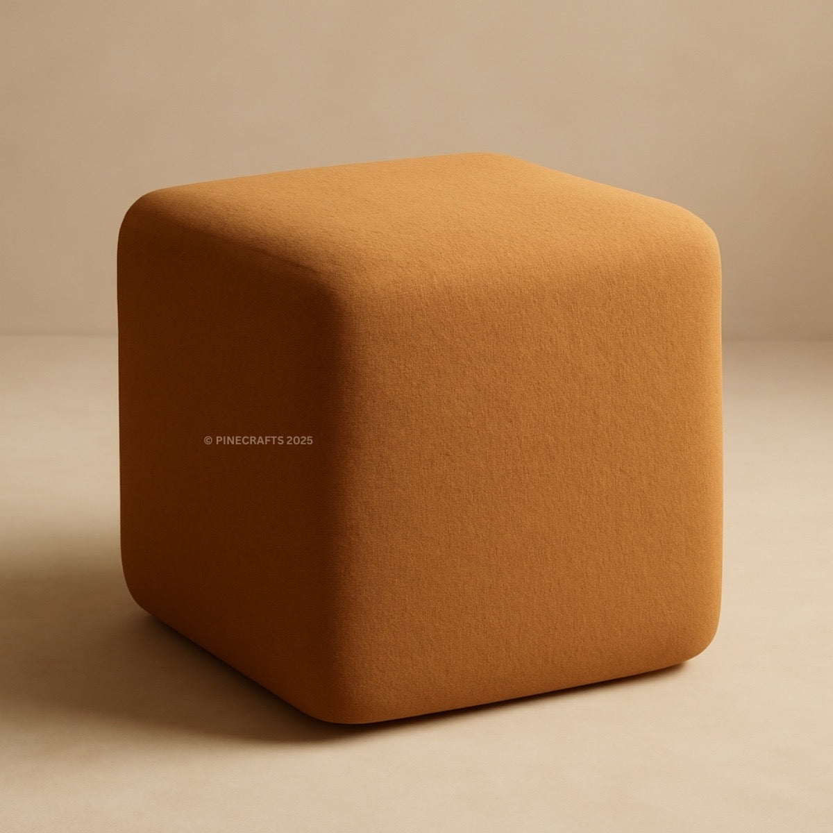 Brown cube-shaped ottoman on a beige background