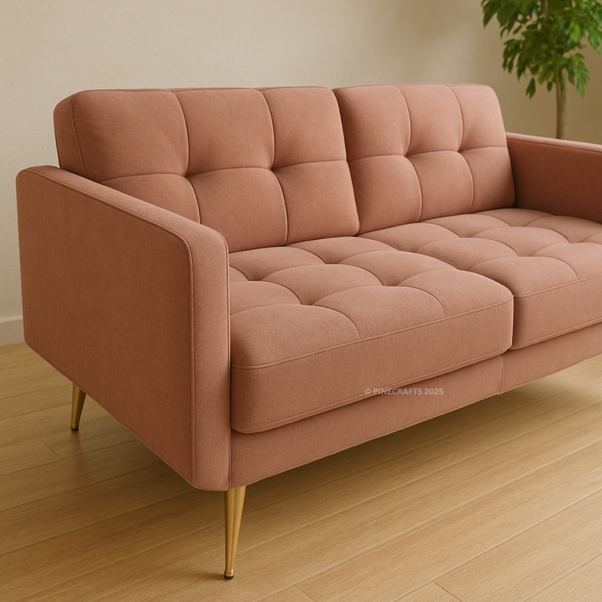 Pink sofa with gold legs on a wooden floor