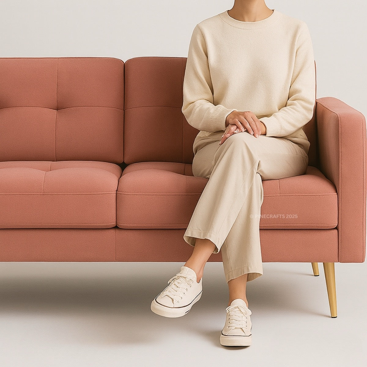 Person sitting on a pink couch wearing a beige sweater and pants with white sneakers.