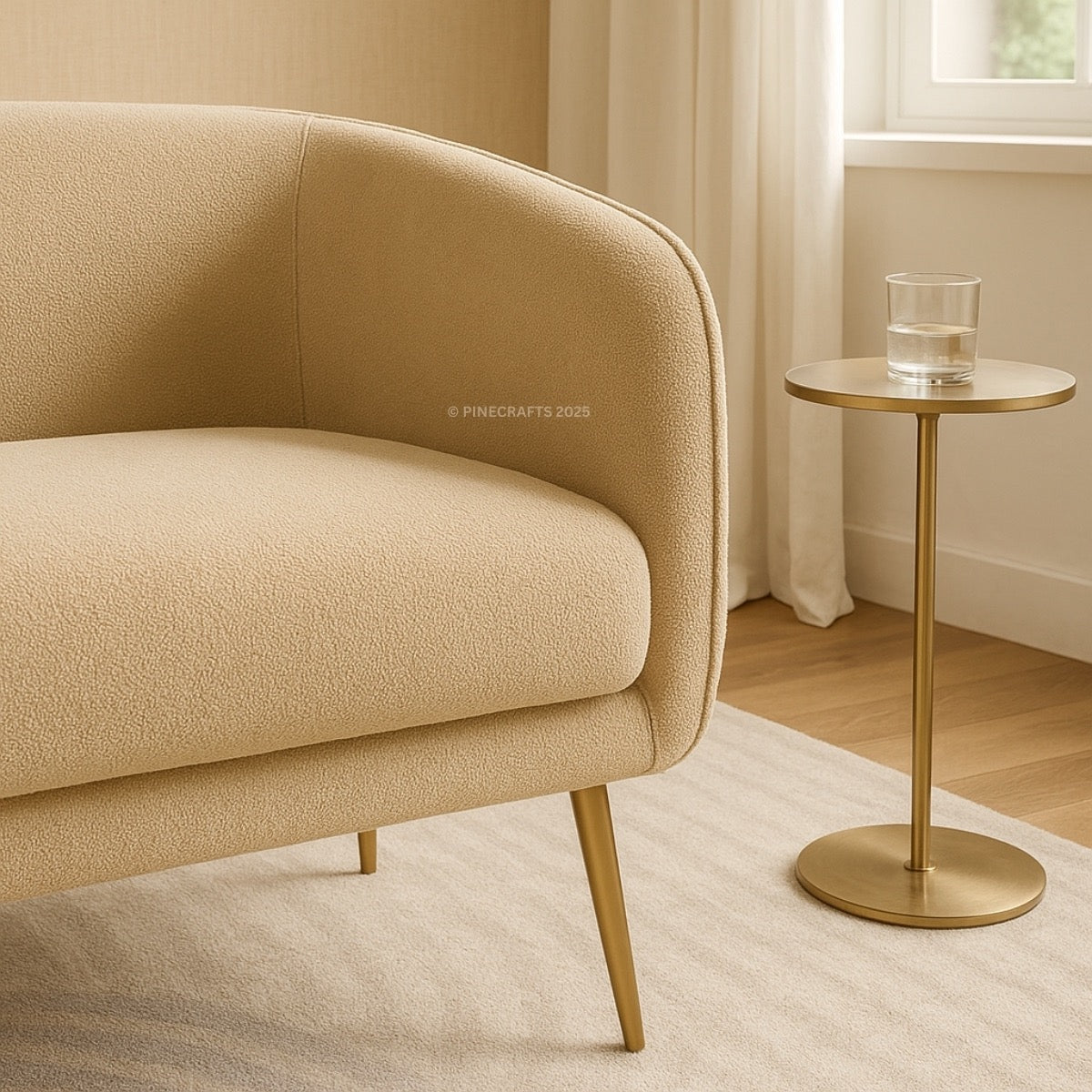 Beige armchair and gold side table in a room with light-colored walls and wooden floor.