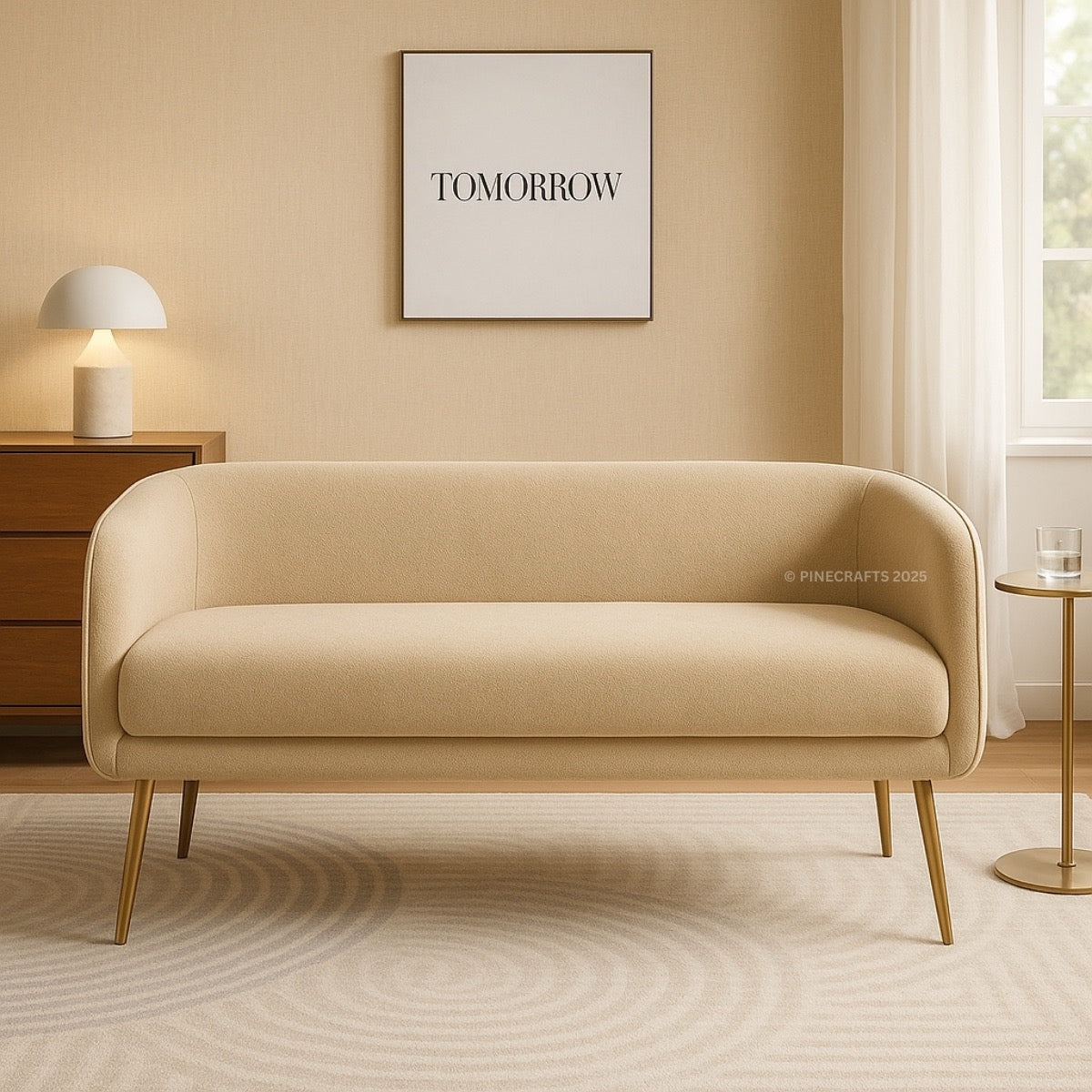 Beige sofa in a room with a 'TOMORROW' poster on the wall.