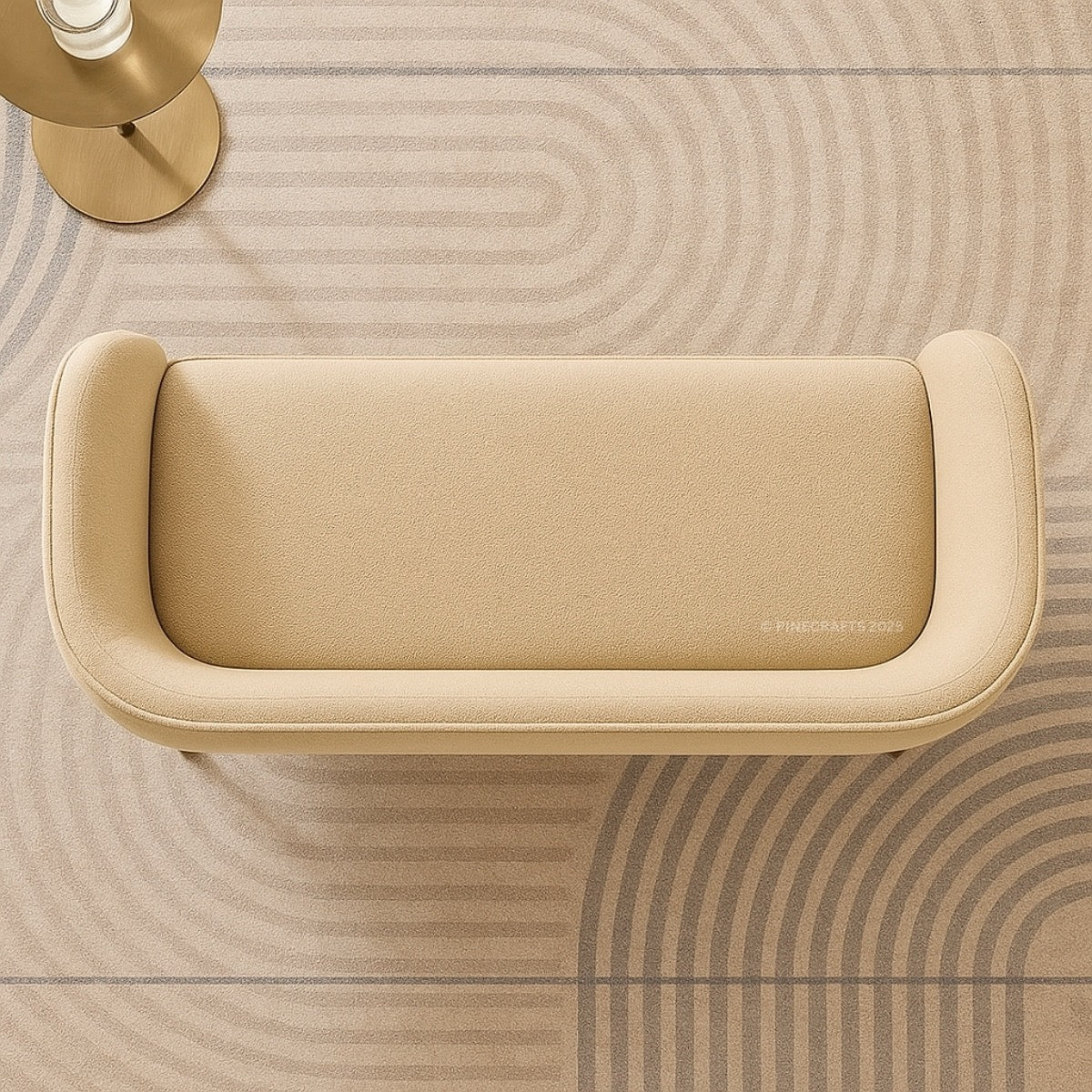 Beige bench on a patterned wooden floor