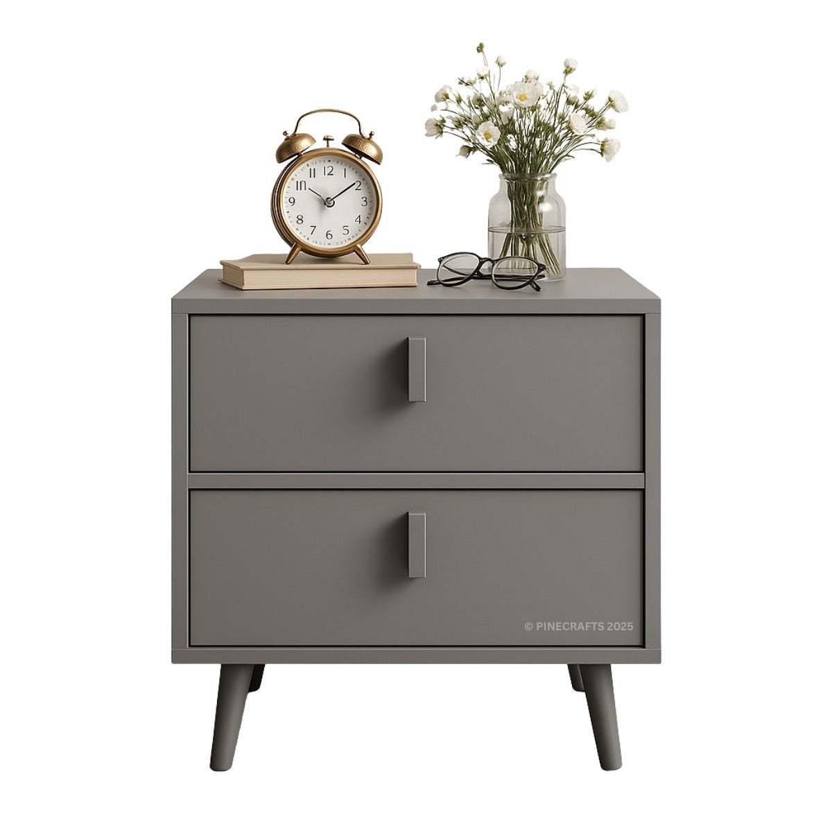 Gray two-drawer nightstand with clock, glasses, and flowers on a white background