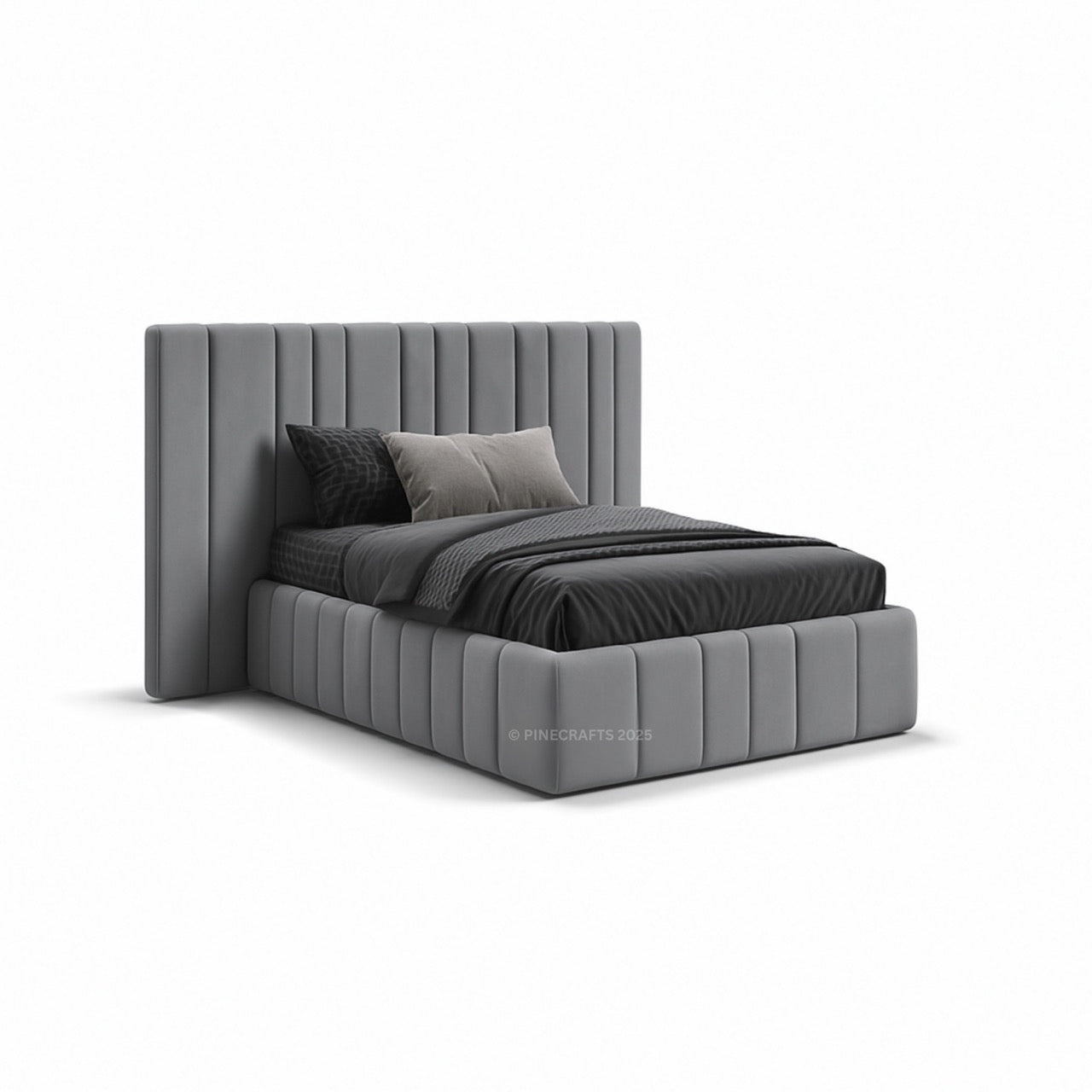 Gray upholstered bed with dark bedding on a white background