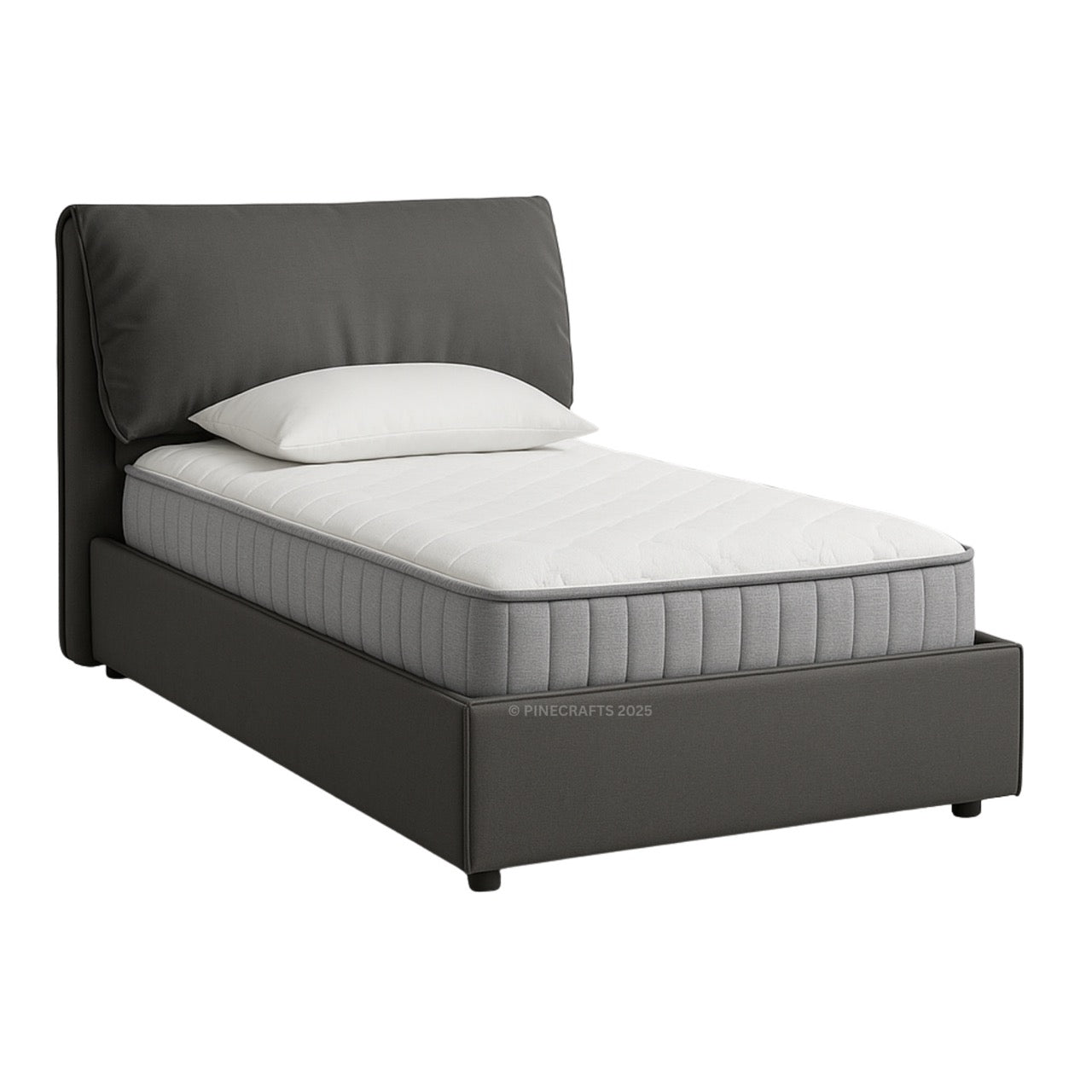 Bed with gray mattress and white pillow on a white background