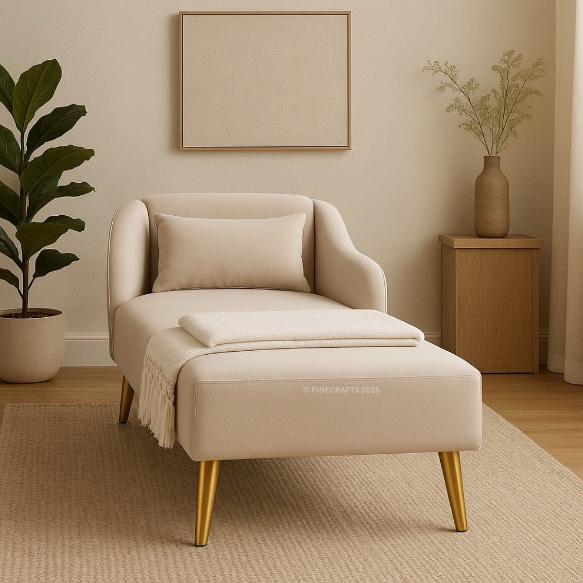 Beige armchair with ottoman in a room with a plant and wooden side table.
