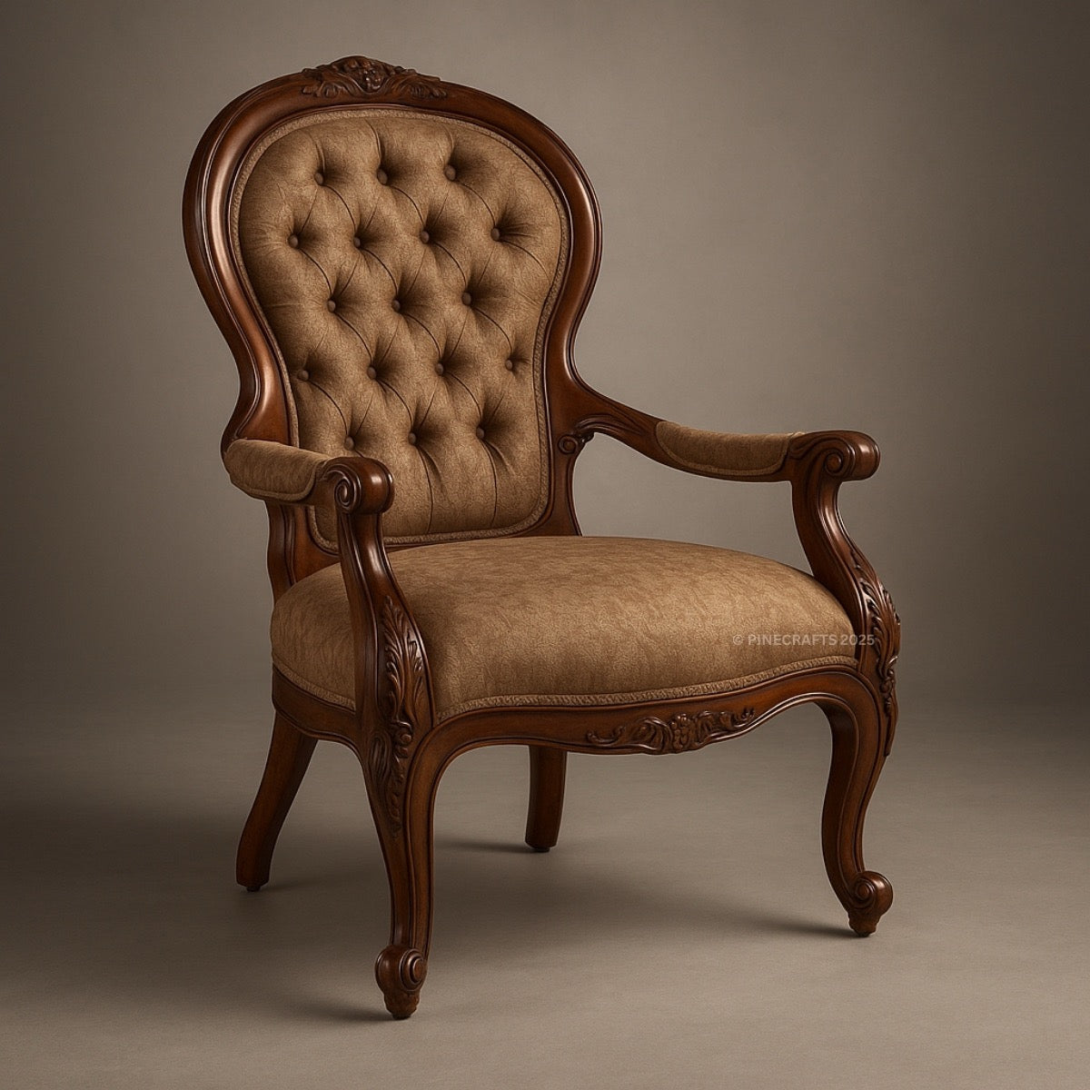 Vintage-style armchair with brown upholstery and wooden frame on a neutral background