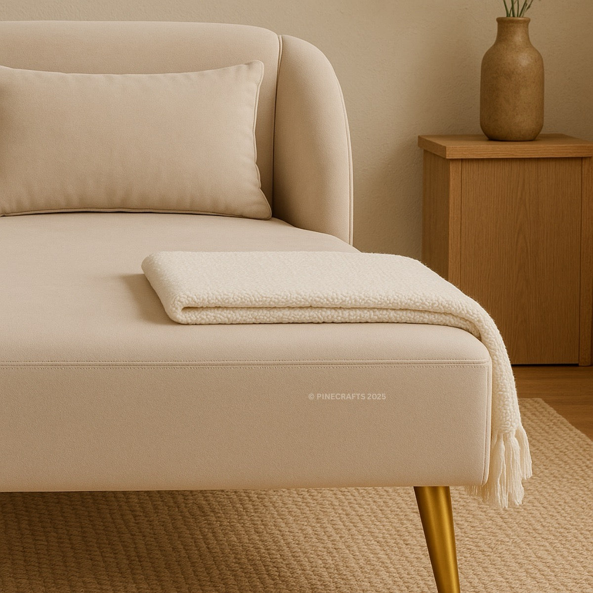 Beige sofa with a white blanket and gold legs in a room with wooden furniture and a vase.