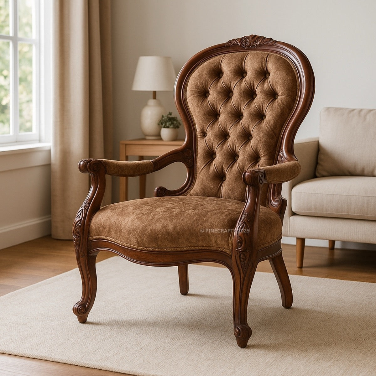 Brown upholstered armchair in a living room setting with a lamp and sofa.