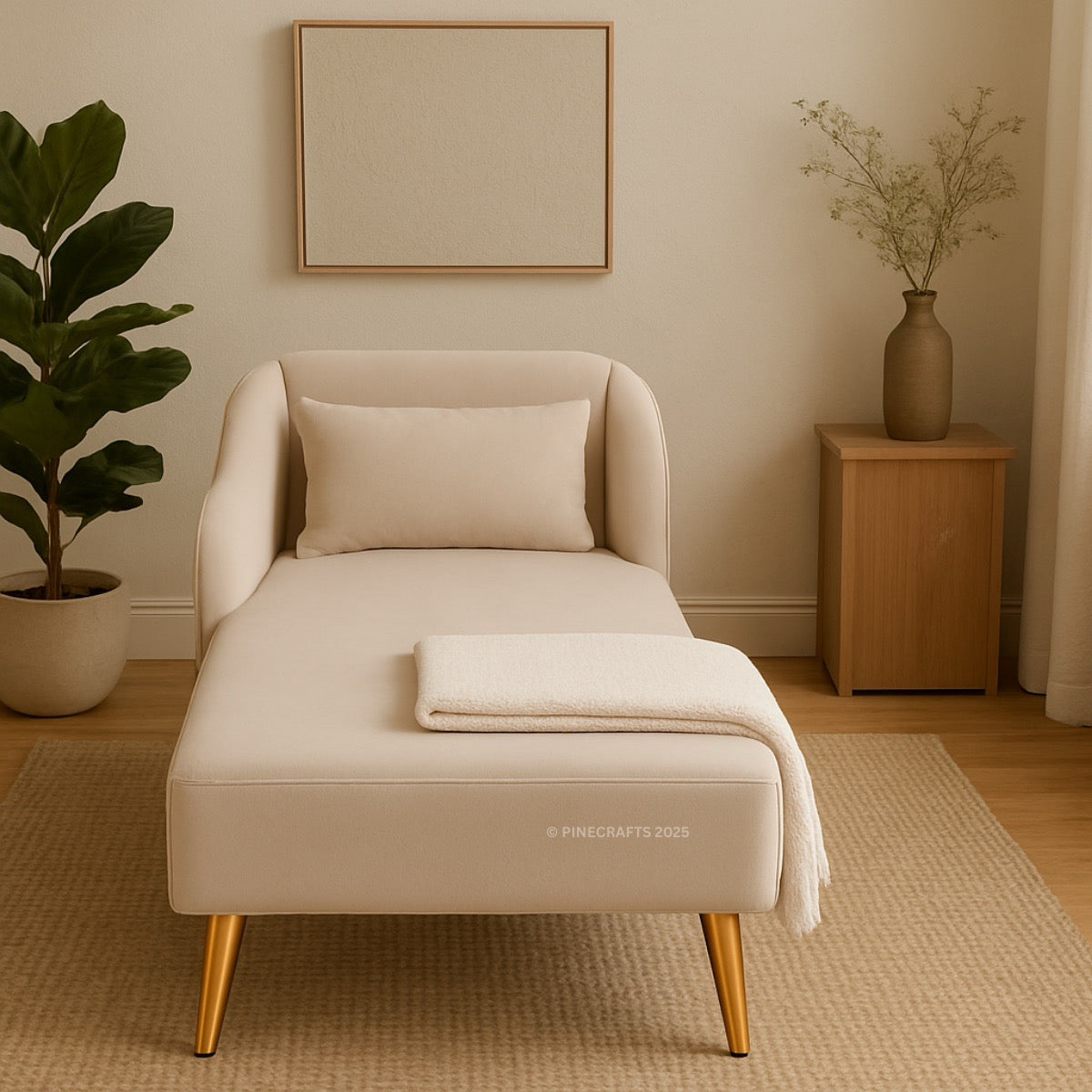 Beige lounge chair with a blanket in a cozy living room setting.