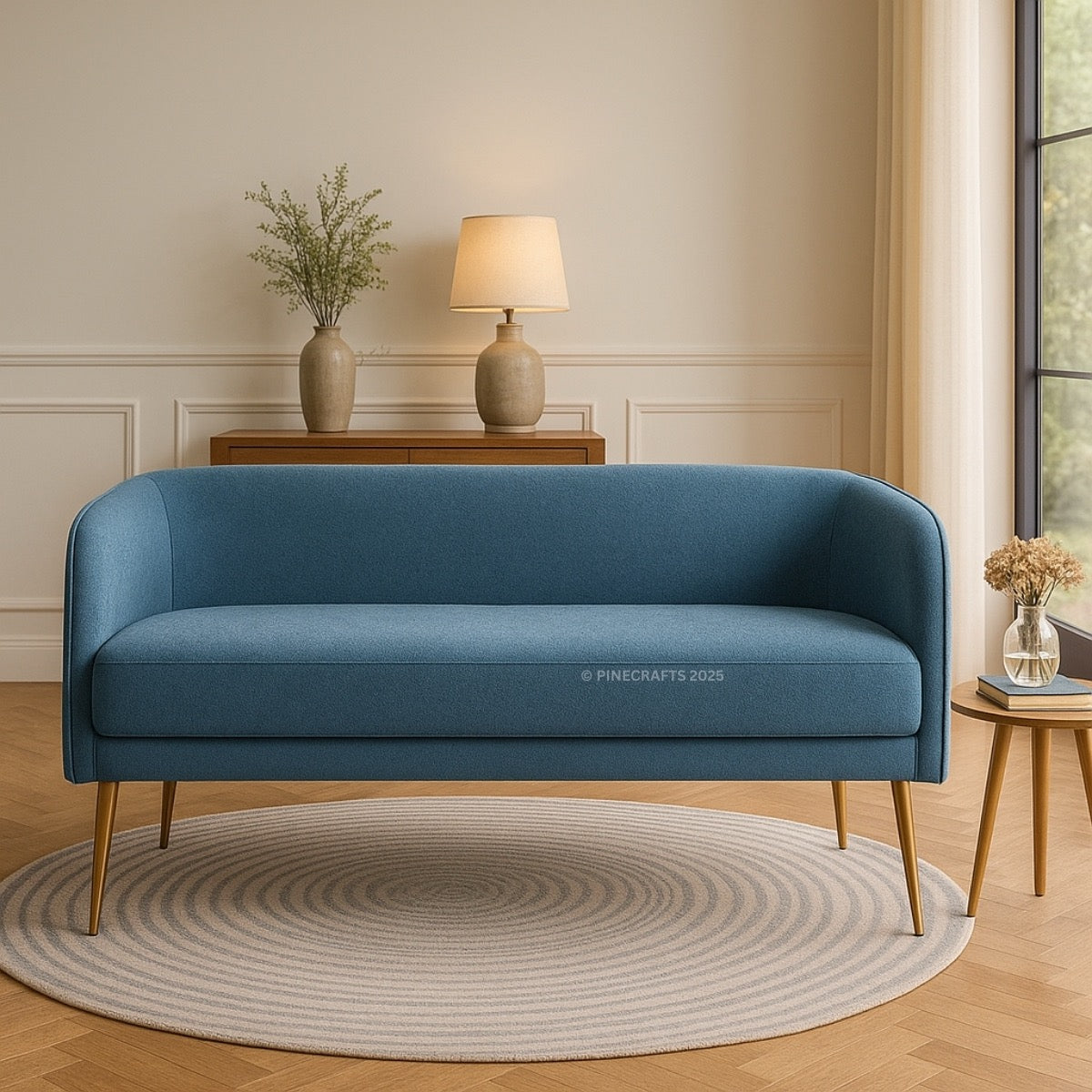 Blue sofa in a room with a lamp, vase, and decor items.