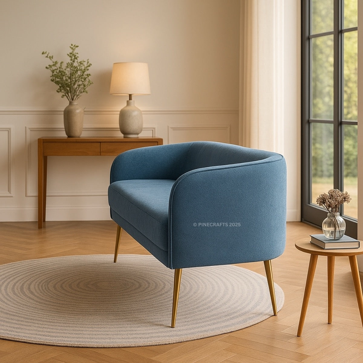 Blue armchair in a room with wooden floor and decor elements