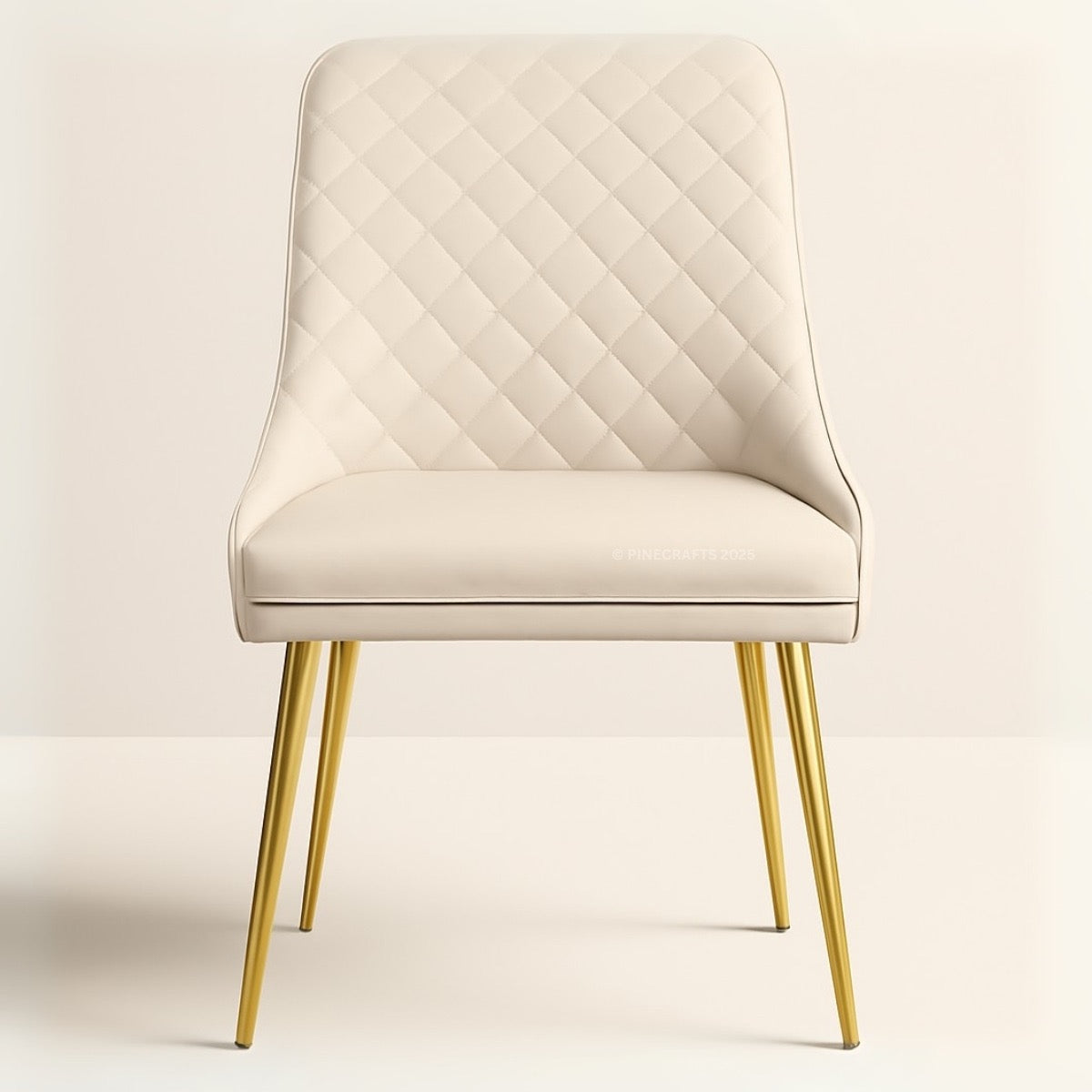 Beige quilted chair with gold legs on a light beige background