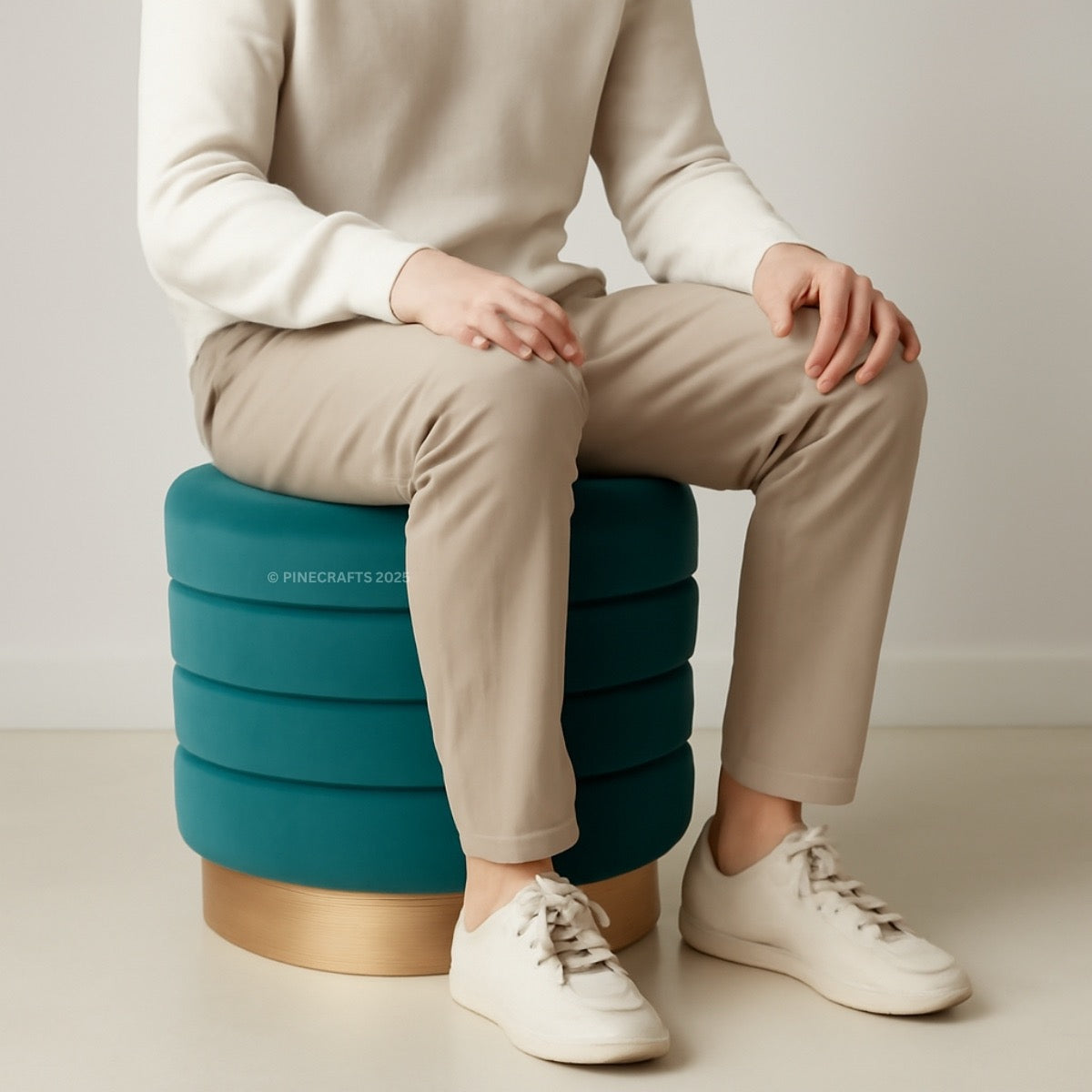 Person sitting on a teal and gold stool against a plain background