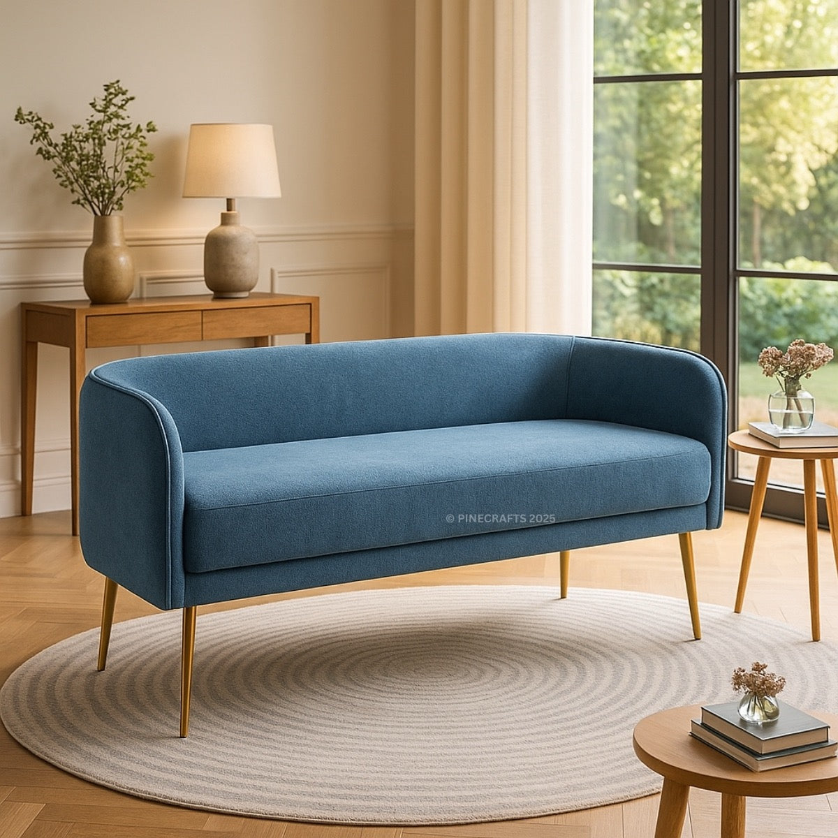 Blue sofa in a living room with wooden furniture and large windows.