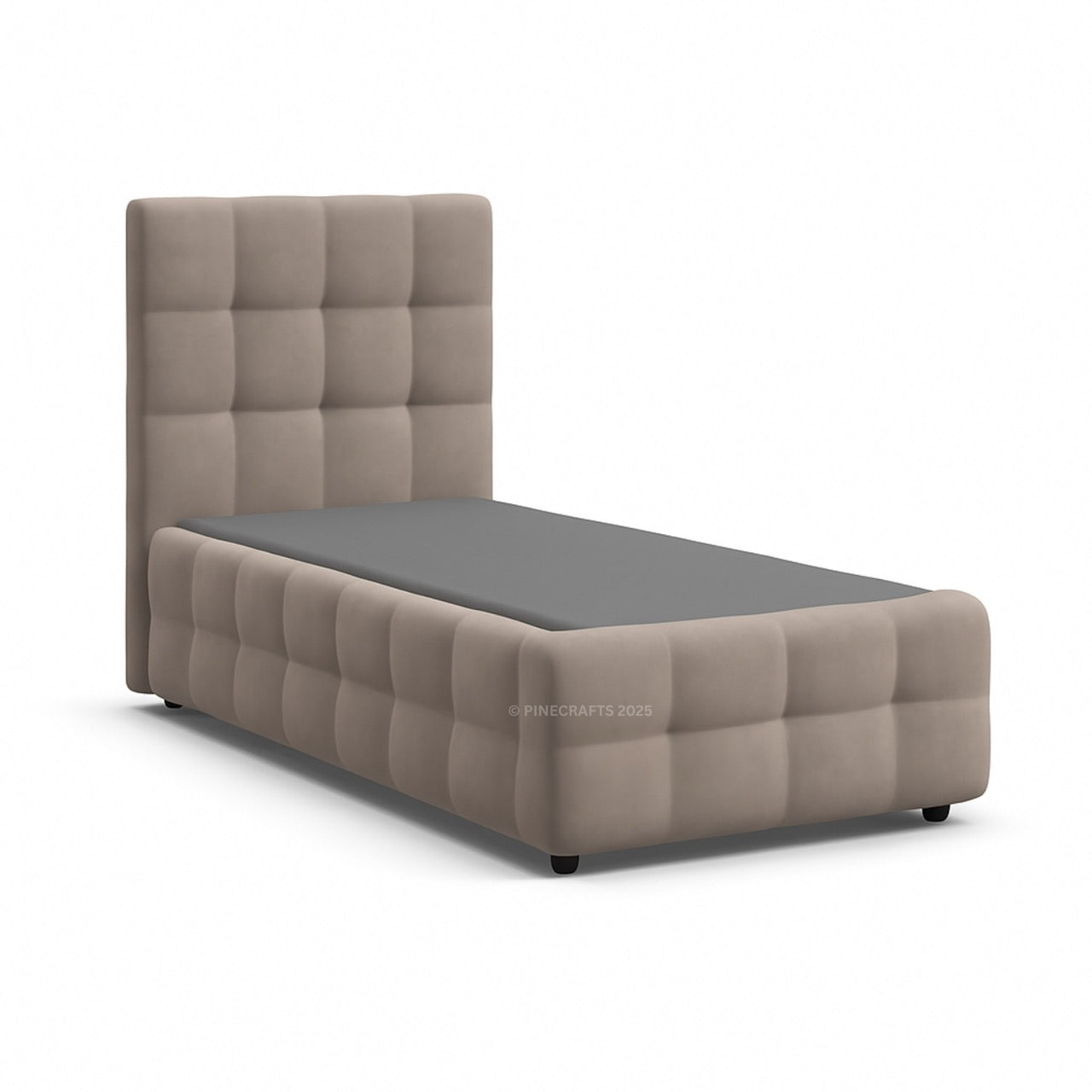 Beige upholstered bed with a gray mattress on a white background