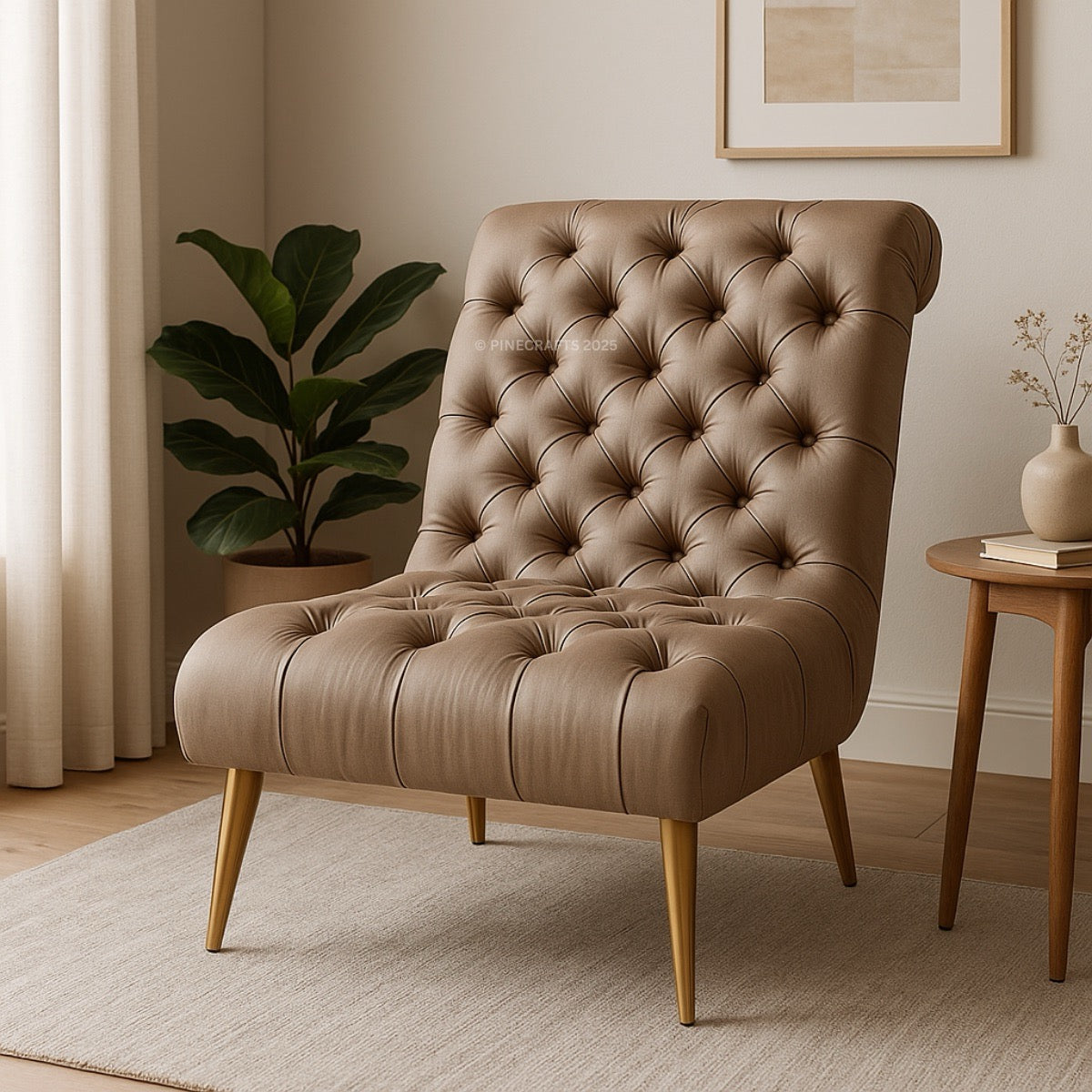 Brown tufted chair in a room with a plant and side table.