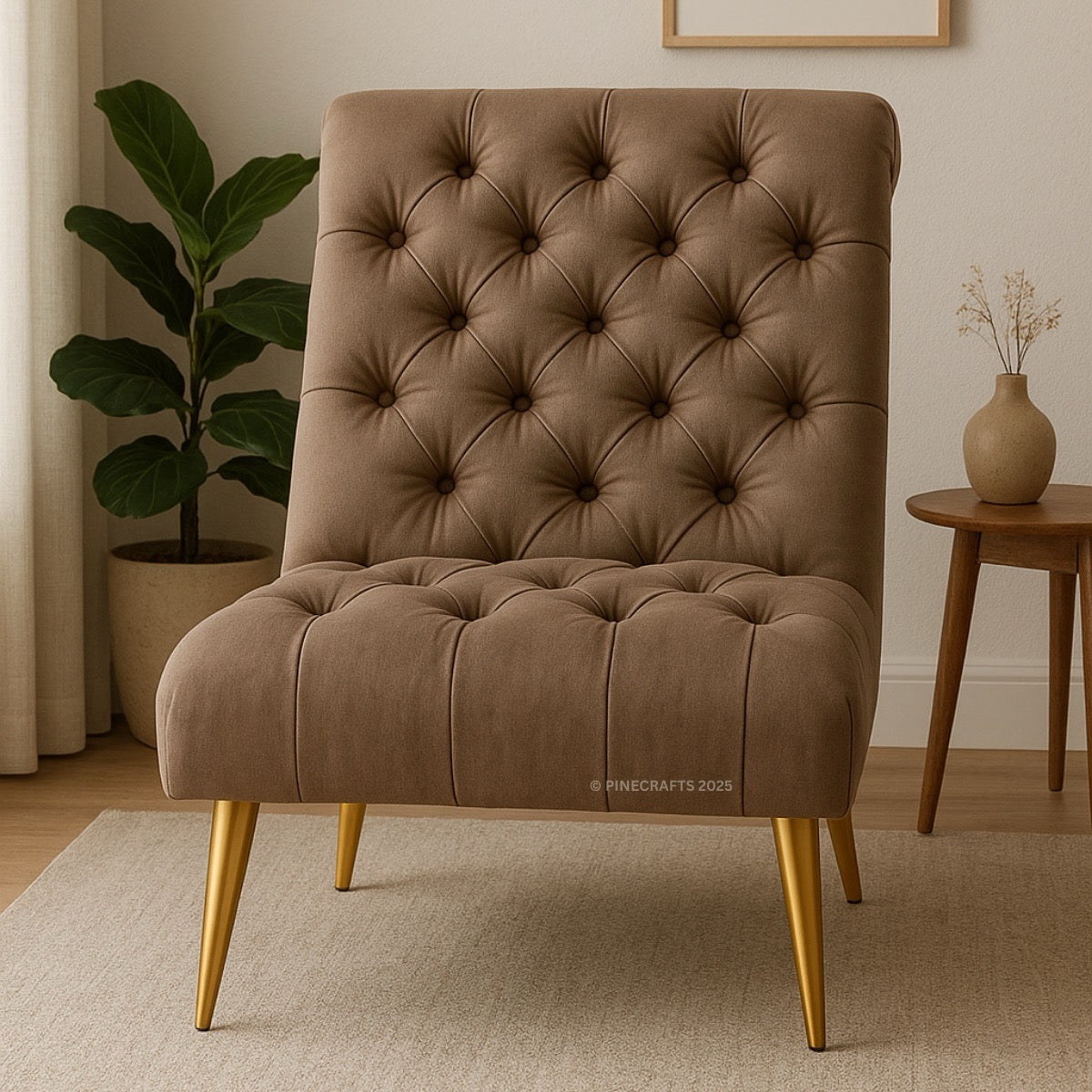 Brown tufted chair with gold legs in a room setting with a plant and side table.