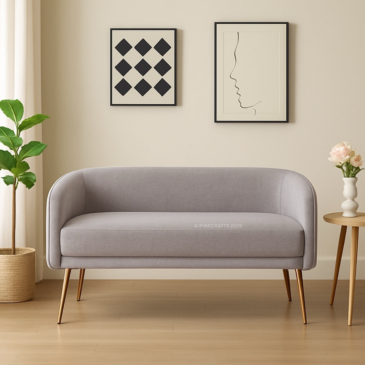 Gray sofa in a room with framed art on the wall and a small table with a plant.