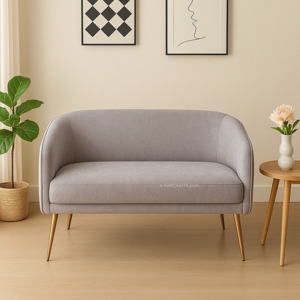 Gray sofa in a room with a plant and side table