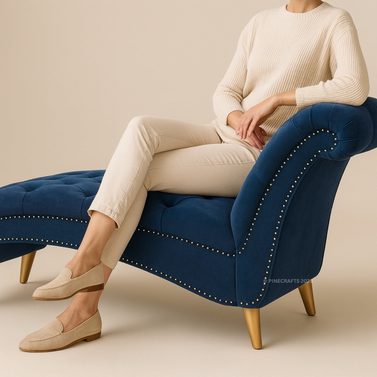 Person sitting on a blue upholstered chair wearing a cream sweater and pants.