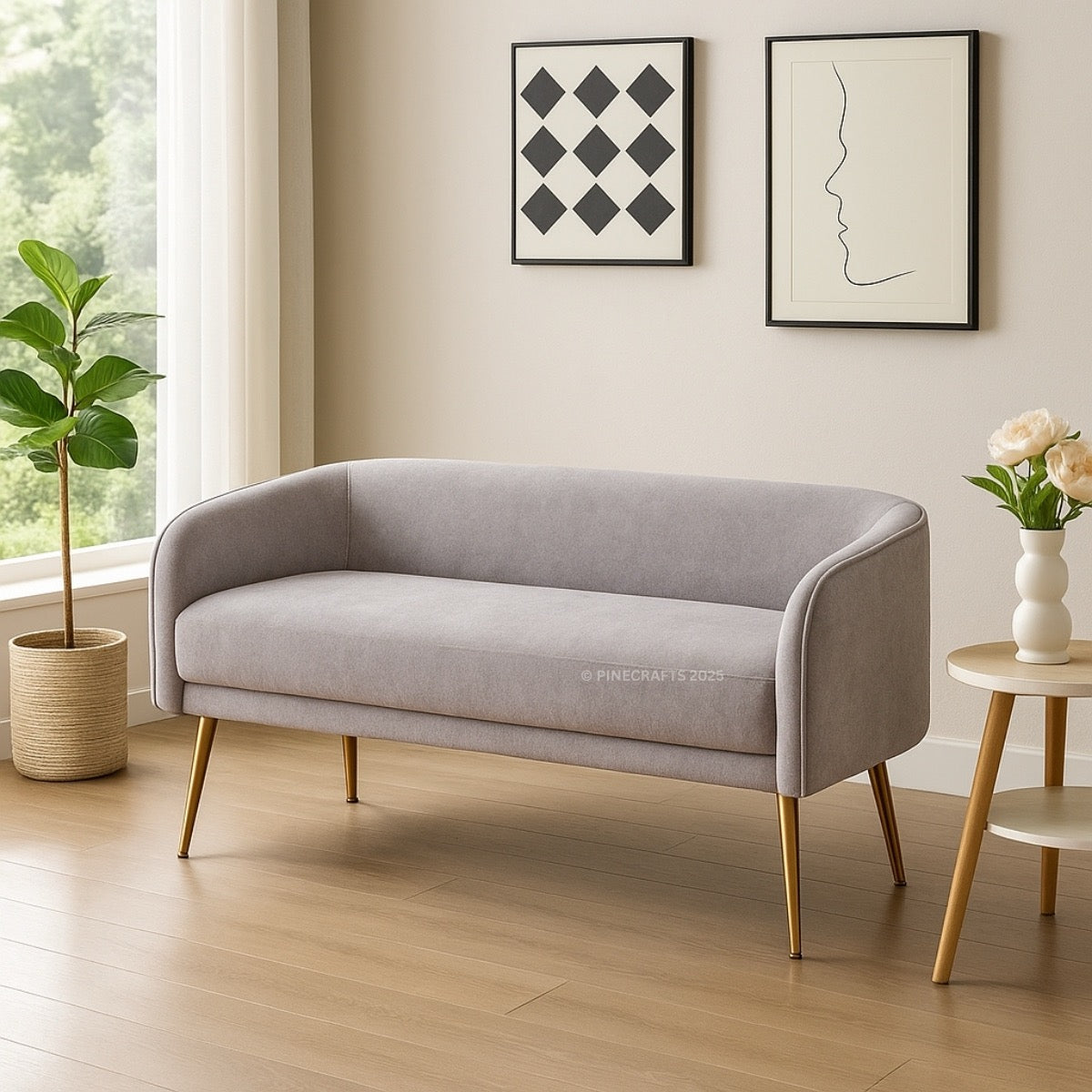 Gray sofa in a room with a plant, side table, and wall art