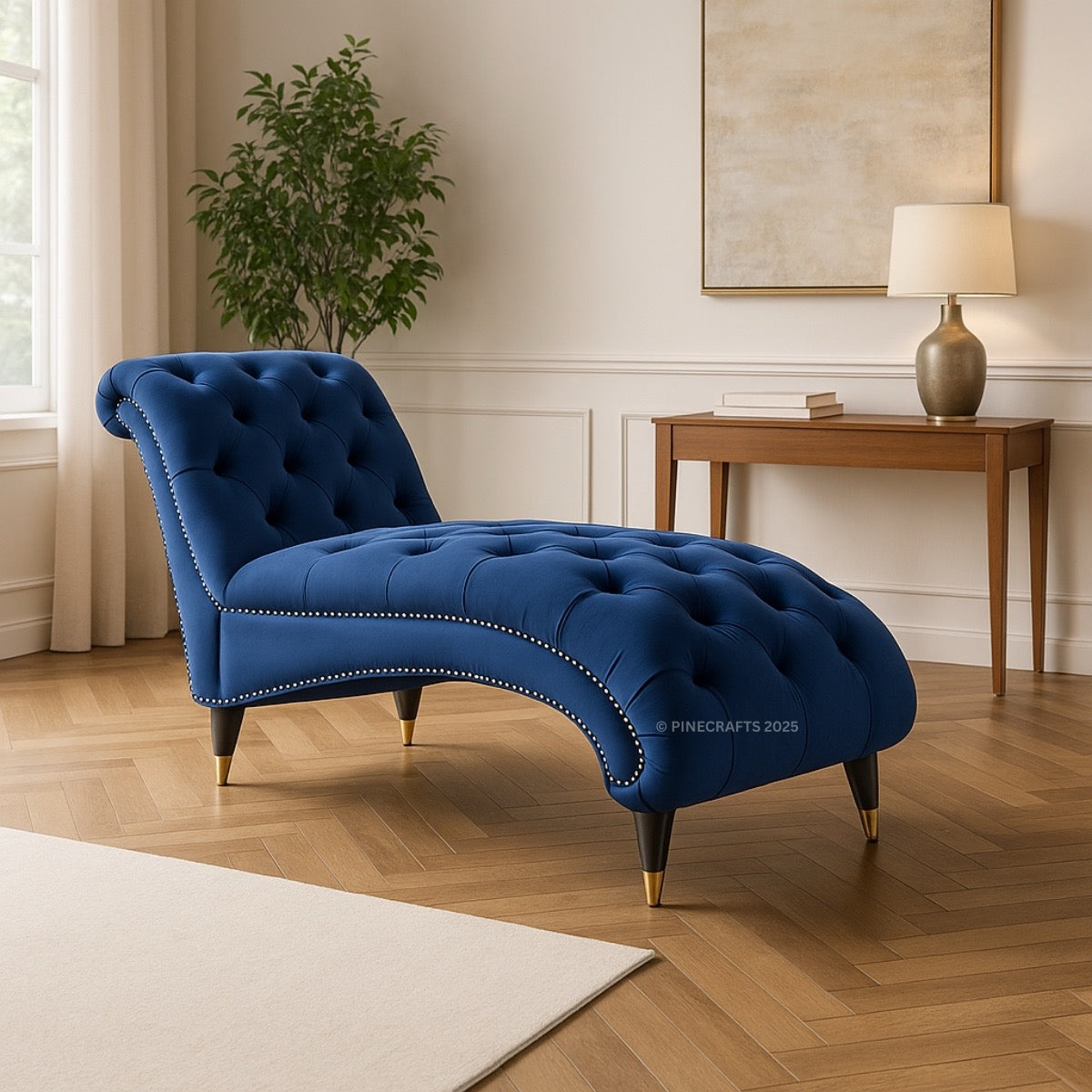 Blue tufted chaise lounge in a room with wooden floor and decor