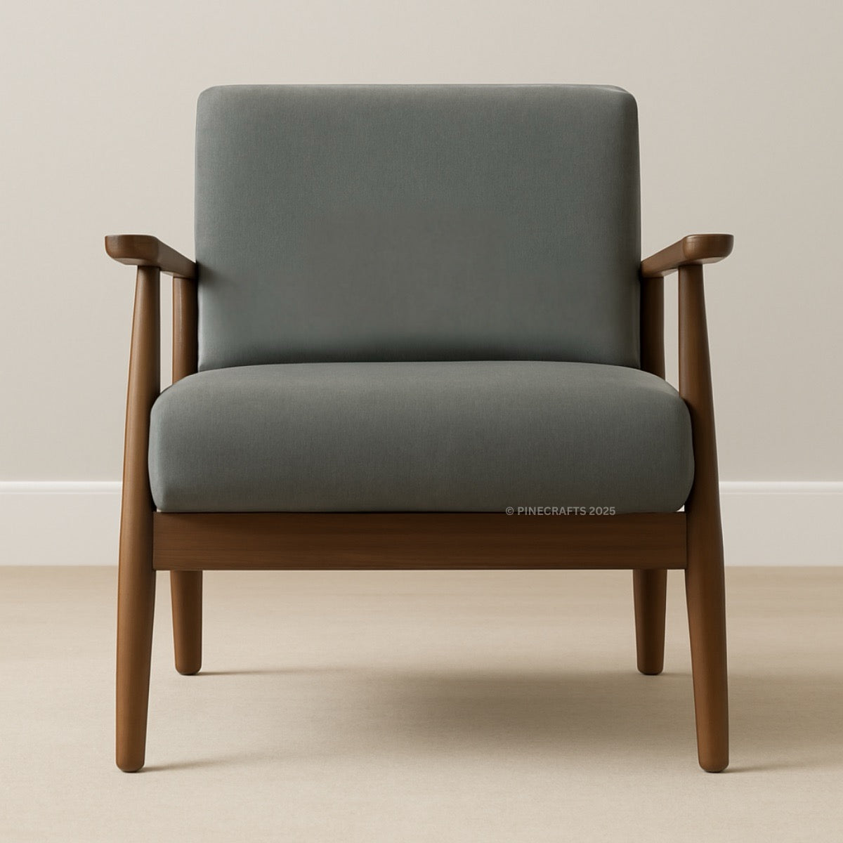 Gray armchair with wooden frame on a beige background