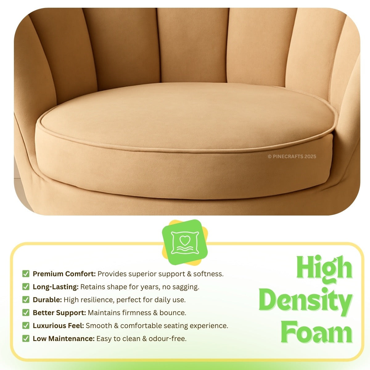 Beige armchair with high-density foam text and features on a white background