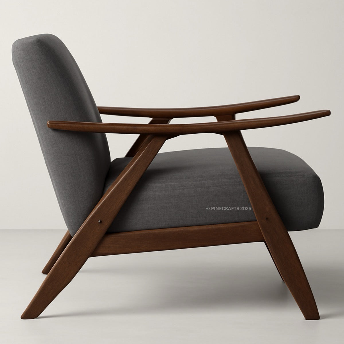 Gray upholstered chair with wooden frame on a white background