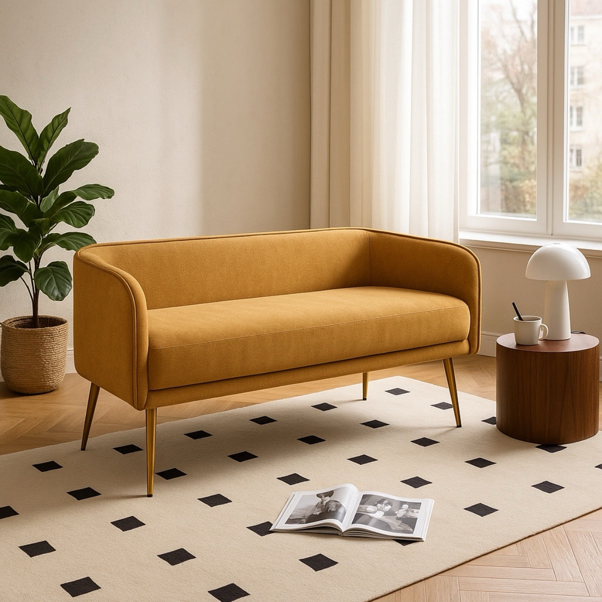 Yellow sofa in a living room with a plant, side table, and open book on a patterned rug.