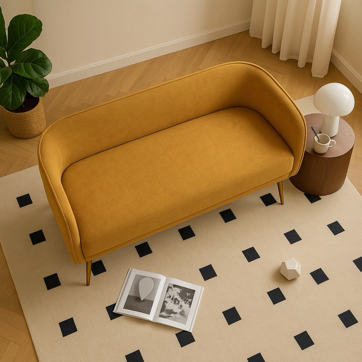 Yellow sofa in a room with a patterned rug, books, and a small table.